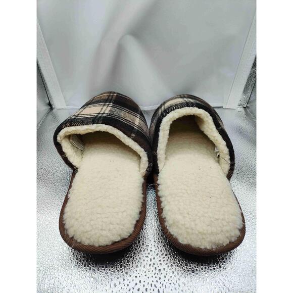 Men's Dearfoams Black And Cream Plaid Faux Fur Trim Size Medium (9-10) Slippers - Picture 2 of 7